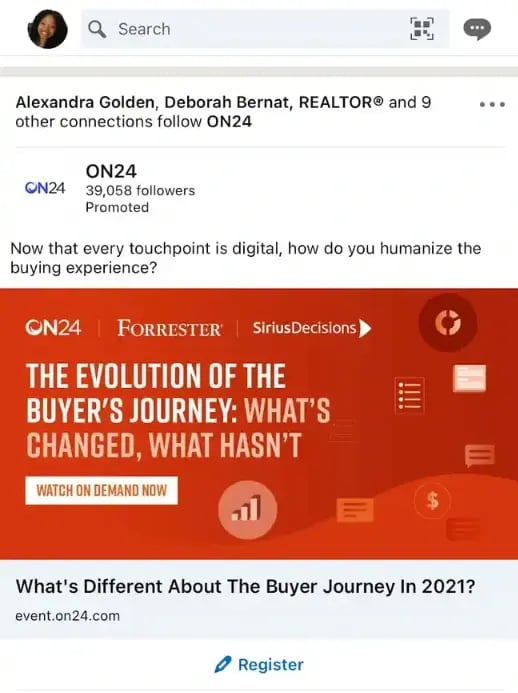 linkedin paid social media ad example: ON24